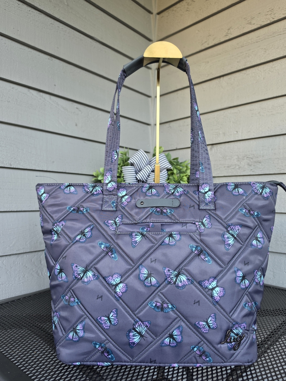 Lug Quilted Skyline Purple Tote with Blue Butterfly Print